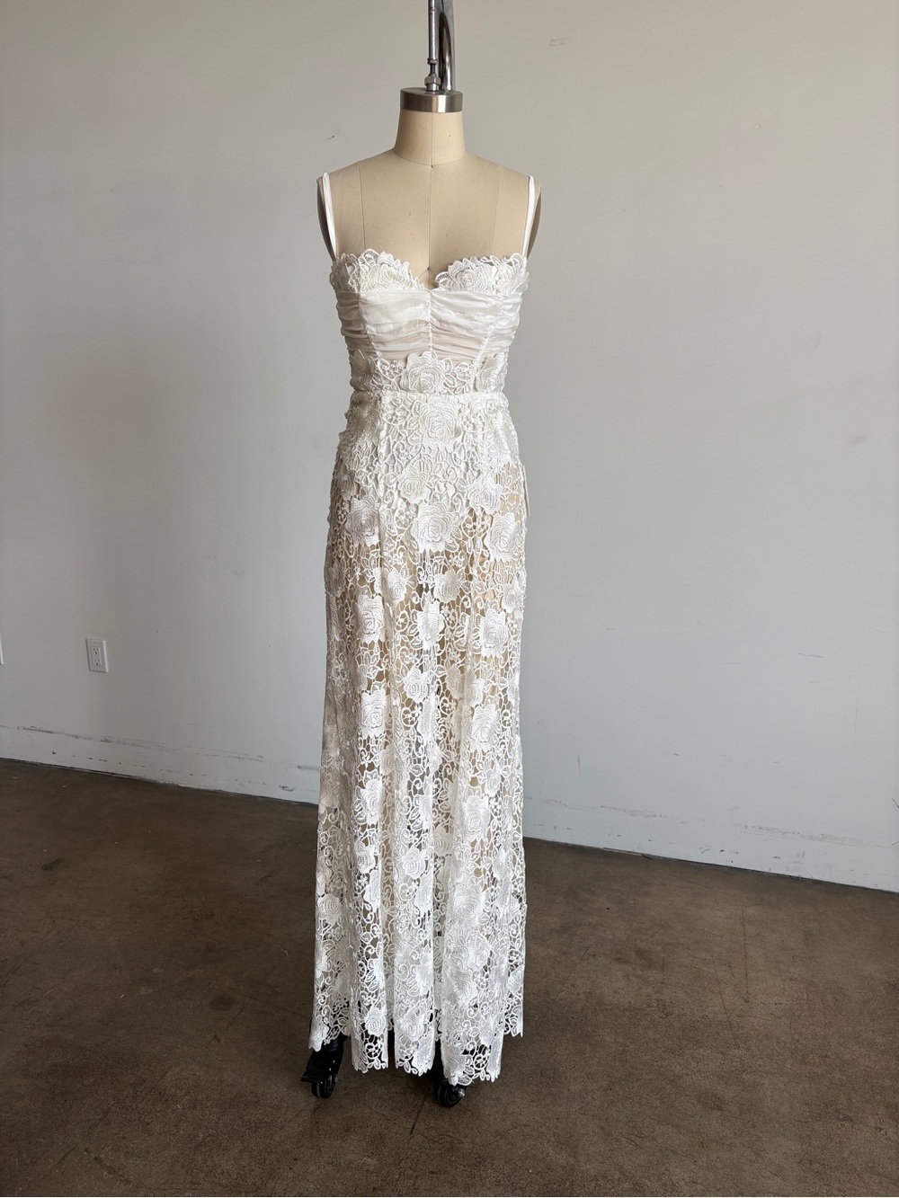 NWT For Love And Lemons White Lace Sheer Gown in White Sz X-Small
